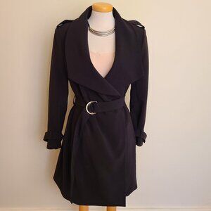 H&M Black 3/4 Length Flowy Waterfall Lapel Belted Wrap Trench Coat